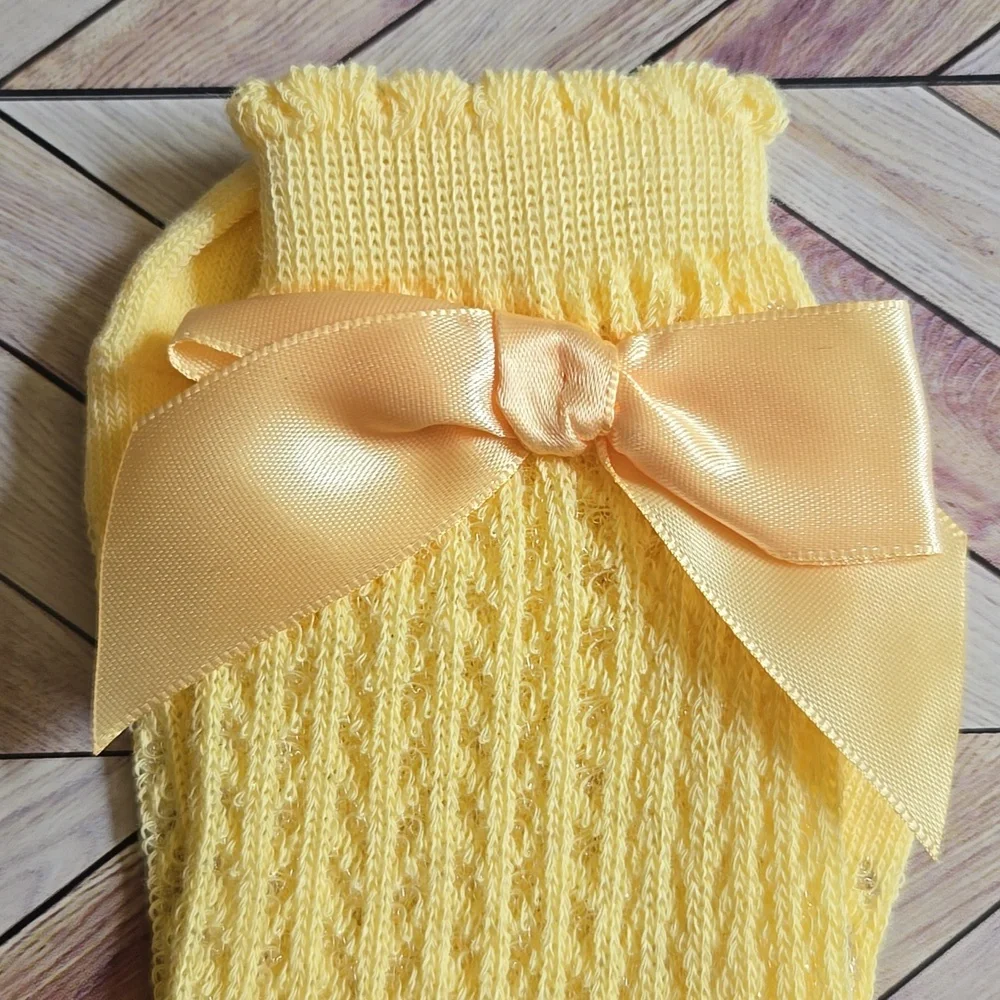 Baby Girl Knee High Yellow Socks With Large Satin Bow Pointelle Knit Ruffle Sock